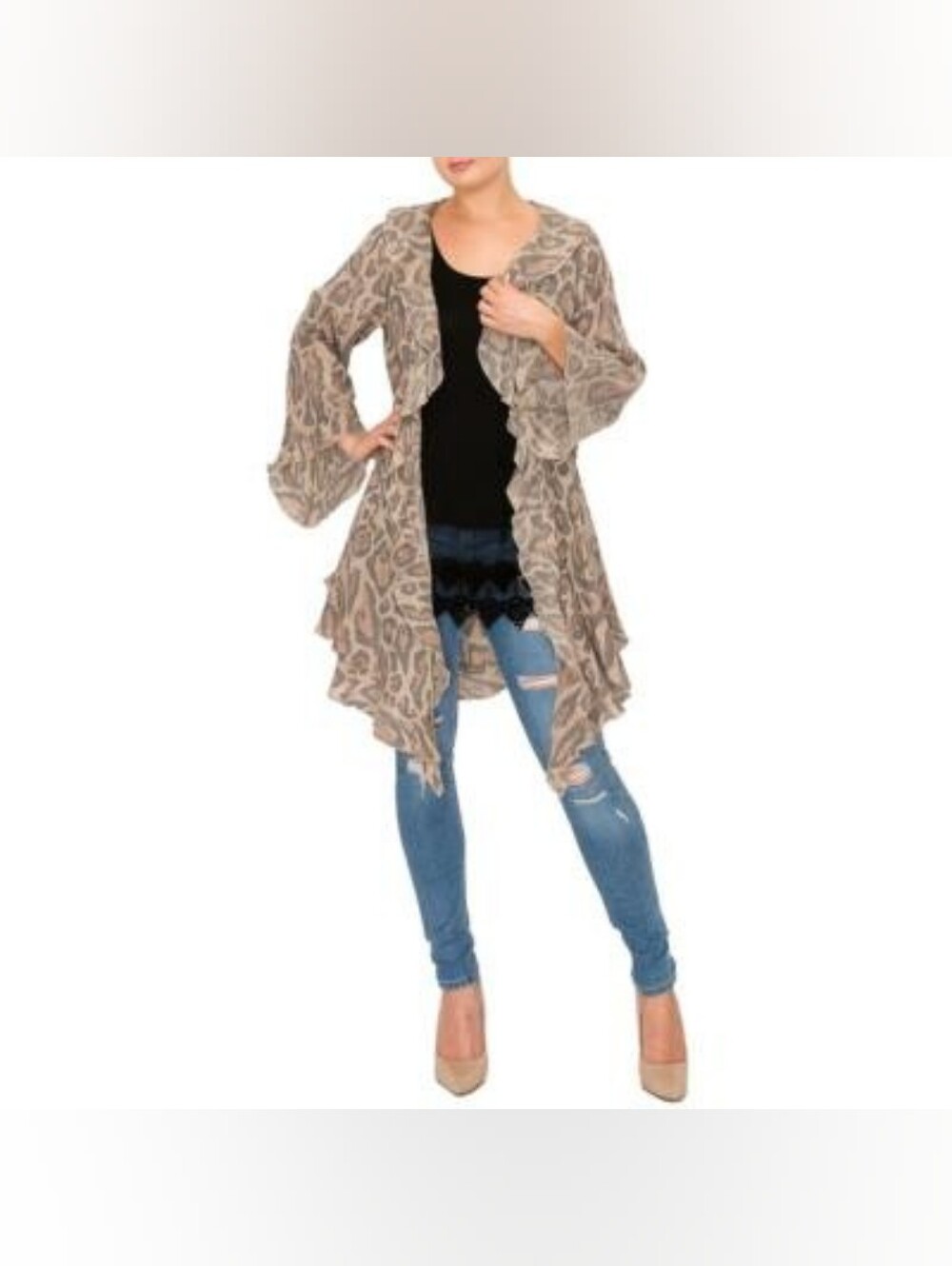 Origami Apparel Women's Leopard Animal Print Lightweight Cardigan with Ruffles